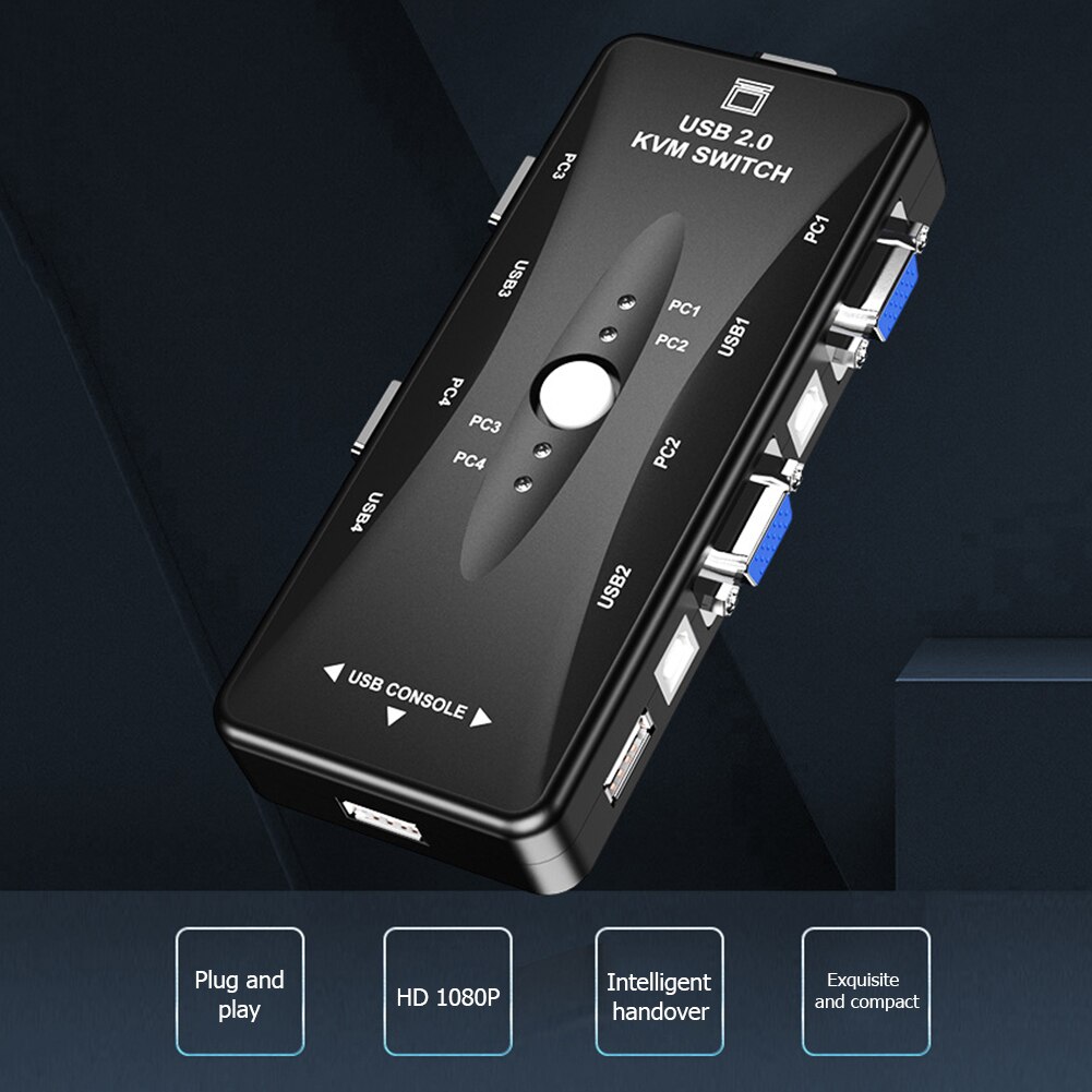 Conmutador KVM de 4 puertos, conmutador KVM USB, 4 puertos en 1, salida 4K, 1080P, VGA, caja divisora para compartir teclado, ratón y Monitor