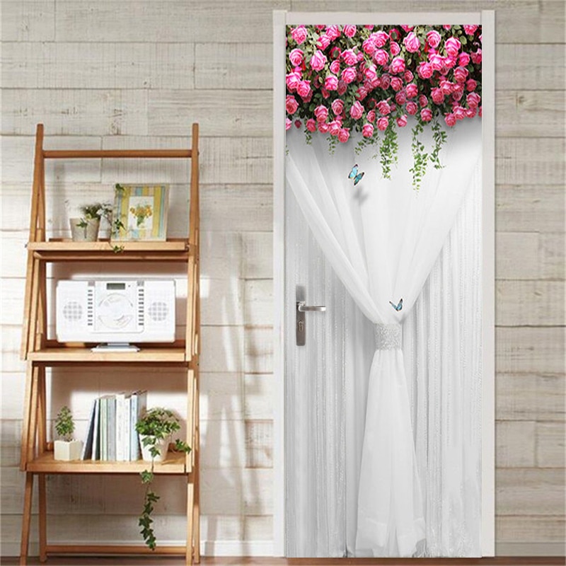 Romántico Rosa cortina puerta pegatina 3D boda casa hogar Decoración puerta calcomanías PVC autoadhesivo impermeable papel pintado vinilo pasta 3D