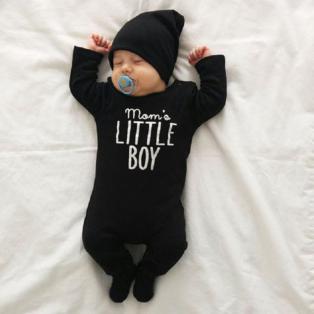 Fall Autumn 0-24M Infant Baby Boys MOM'S LITTLE BOY Letter Print Long Sleeve Romper Black Jumpsuit Outfit Clothes