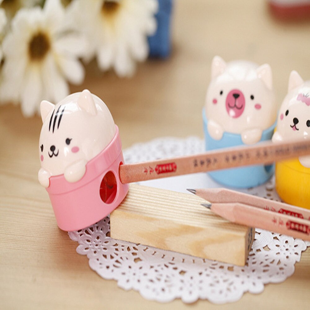 Sacapuntas portátil con doble agujero para niños, bonito oso, para niños, papelería kawaii, suministros escolares