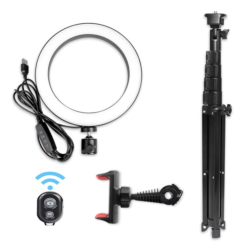 6inch LED Video Ring Light Lamp Dimmable 3 Lighting Modes USB Powered with Ballhead Adapter Phone Holder Tripod Stand
