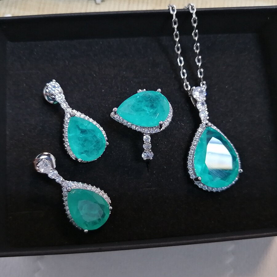 Luomansi em forma de coração paraiba turmalina conjunto de jóias anel aberto/brincos/colar festa de aniversário feminino presentes: Jewelry Set