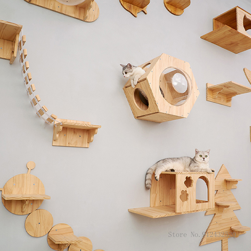 Wall Mounted Cat Climbing Frame Cat Tree Solid Wood Cat Jumping Platform Wall DIY Pet Furniture Kitten Springboard Various Size