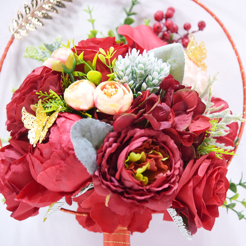 JaneVini Romantic Chinese Red/Pink Wedding Fan Bouquets Artificial Silk Roses with Metal Leaves Bridal Round Hand Fan Flowers