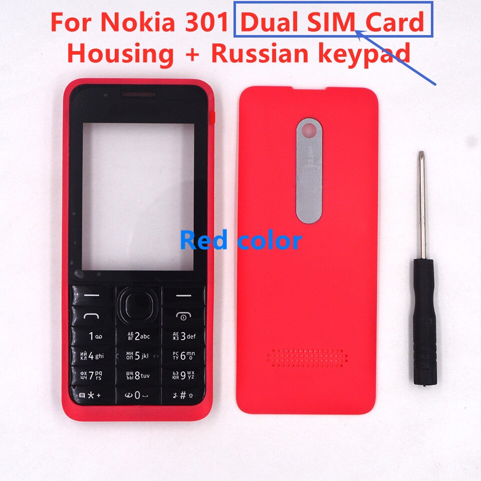 HKFASTEL 301 Housing For Nokia 301 Single Dual SIM Card Mobile Phone Cover Case + English Russian Arabic Keypad + Tool: Red Dual Russian