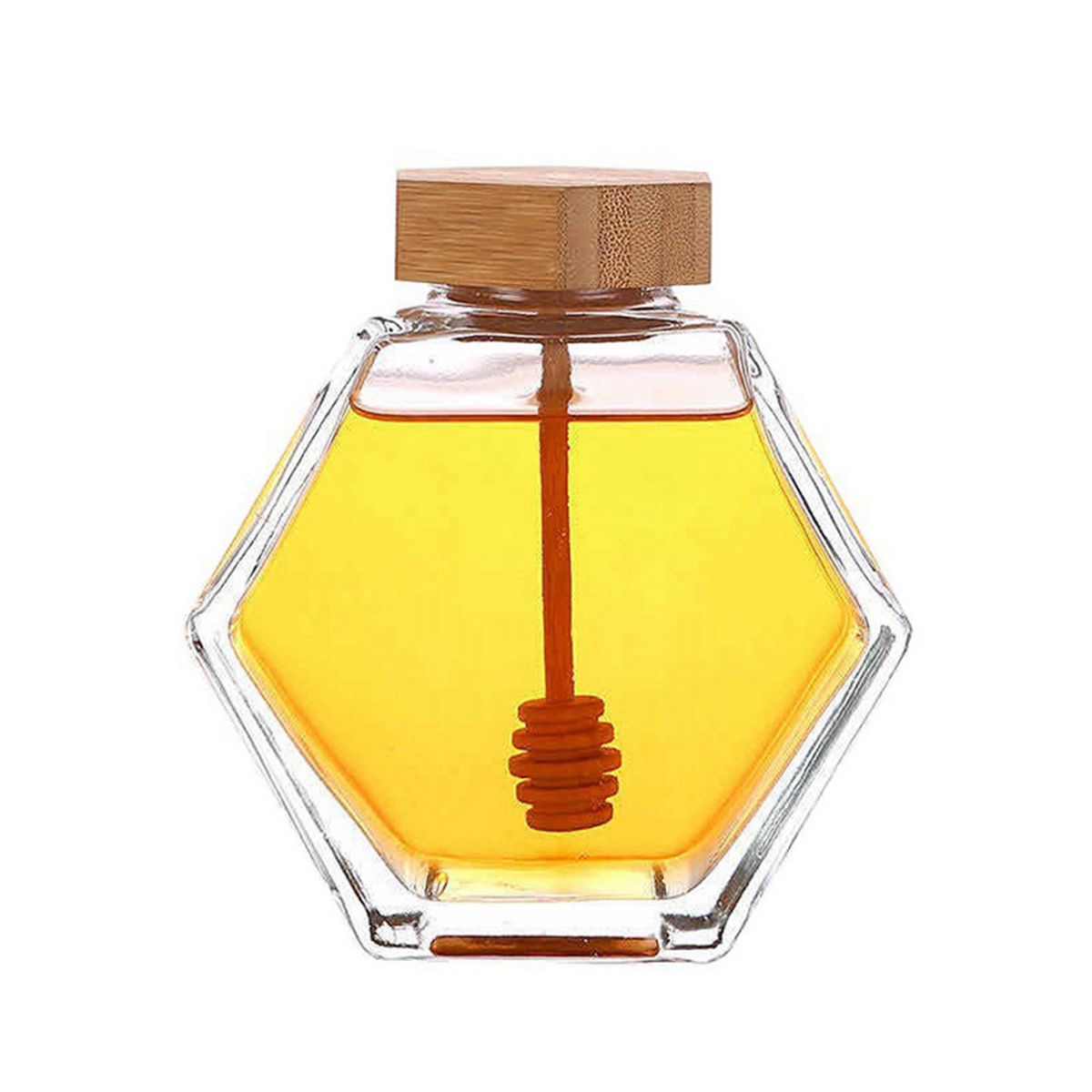 Glass Honey Bottle Hexagonal Transparent with Cork Lid Wooden Stirring Rod Mini Honey Jar for Party Favors: 380ml