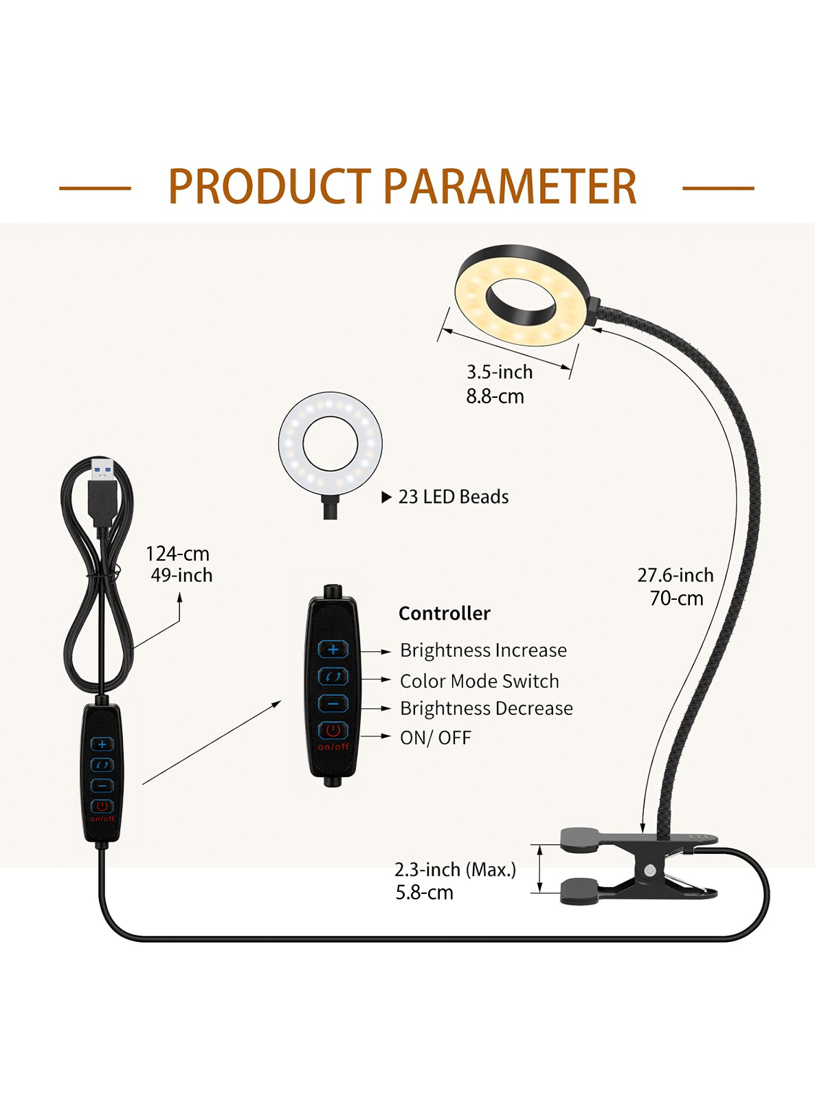 Flexível Gooseneck LED Desk Lamp, Luz de leitura com braçadeira, Luz livro para crianças, 3 modos de cores, 10 brilho