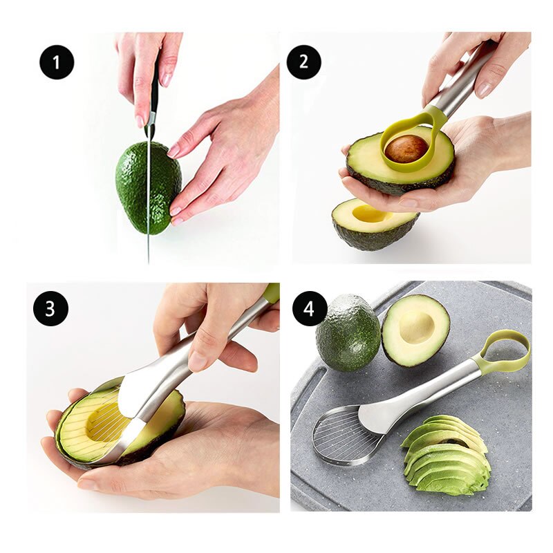 Cortador de aguacates 2 en 1 de mano mom, cortador de Mango de dos puntas, de acero inoxidable de aguacate rebanadora, cuchillo de fruta, utensilio de cocina