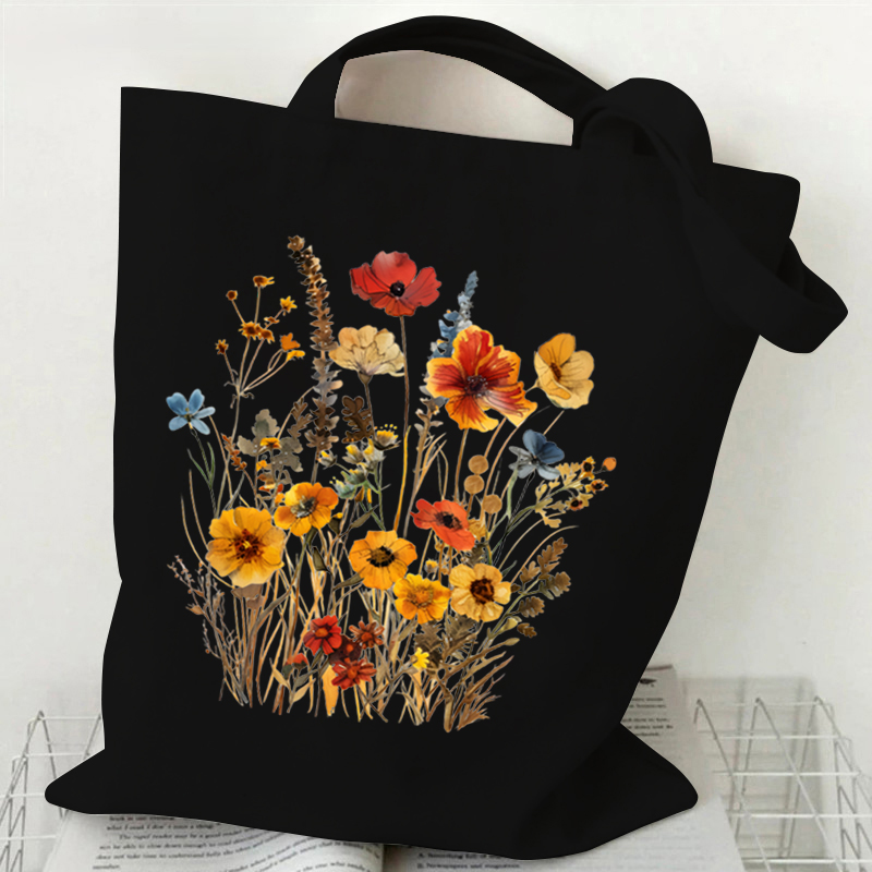 Bolso de mano de lona con estampado de flores silvestres bohemias, bolso de compras reutilizable para mujer, bolsos y bolsos, bolso de tela para compras: Azul