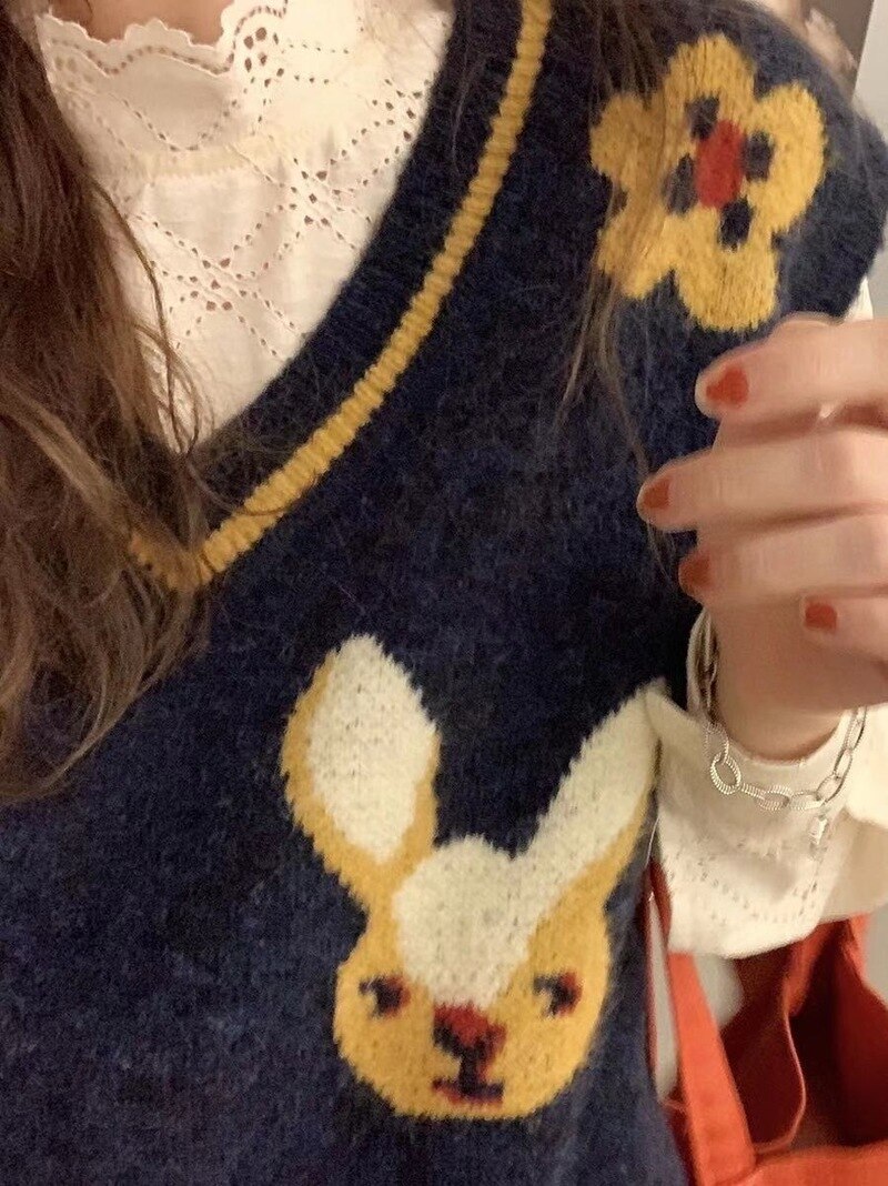 Fat Boss Wang Qiu Dong Season with A Sleeveless Sweater Wears Outside Cute Cartoon Female Vest Vest