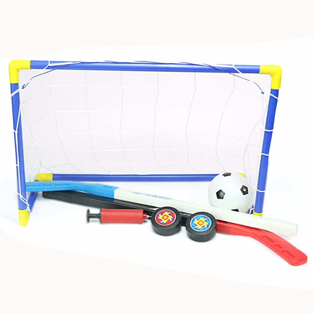 2 en 1, deportes al aire libre/interior para niños, portería de fútbol y Hockey sobre hielo con pelotas y juego de Pump Practice, juego de fútbol