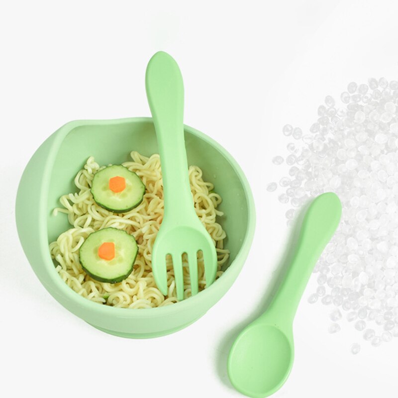 3Pcs Baby Silicone Bowl Spoon Fork Set BPA Free Non-slip Children&#39;s Suction Bowl Handle Silicone Set Food Grade Tableware