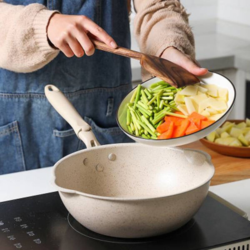 Verdikte Bodem Steen Koekenpan Multifunctionele Non-stick Pannen Diepe Nougat Pot Wok Pan Met Glazen Deksel 20Cm