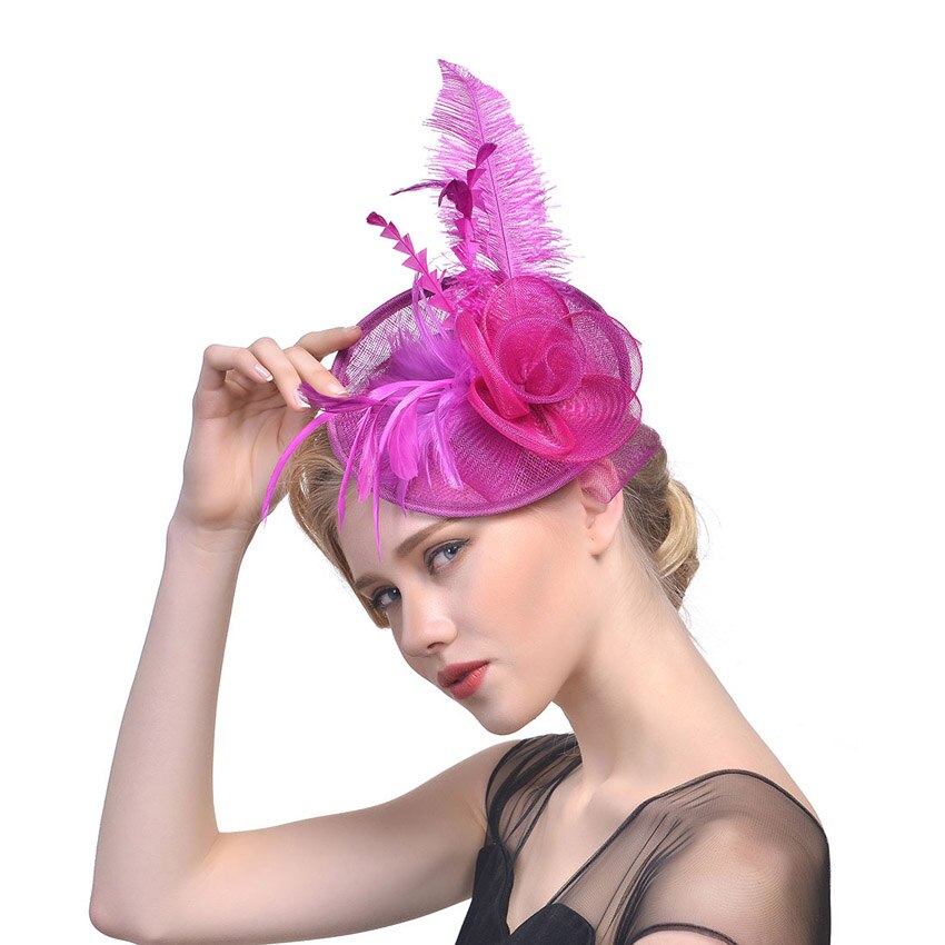 WELROG – chapeau tendance pour femme, chapeau, plume, gaze, maille solide, épingle à cheveux, pour fête, mariage, ruban: Rose Red