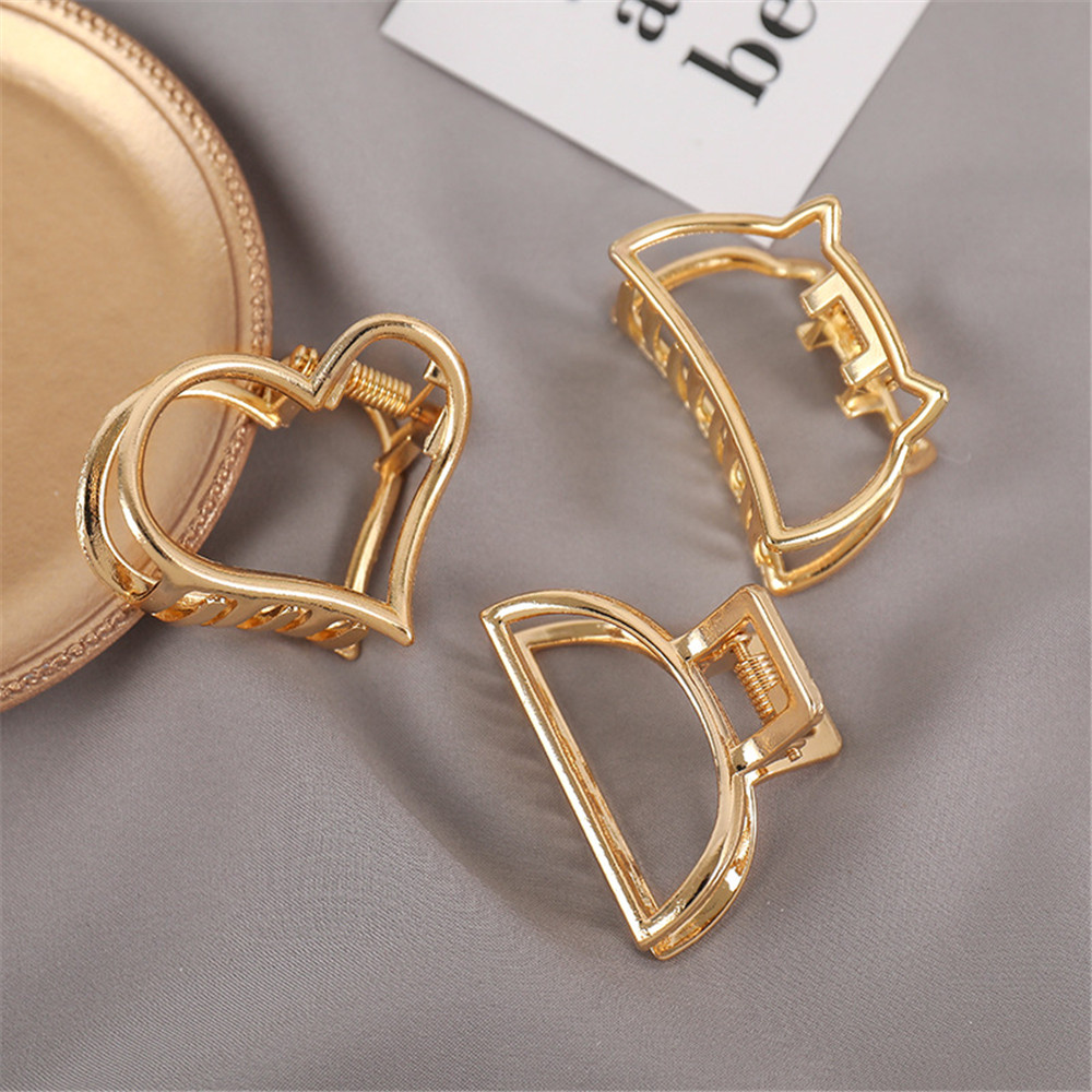 Garra de pelo de Metal de Color dorado geométrico Simple para mujeres y niñas, pasador con forma de corazón y gato, accesorios para el cabello, tocado