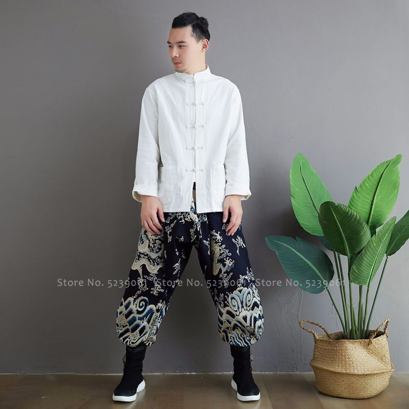 Hanfu-traje chino tradicional Tang para hombre, pantalones de dibujo de dragón de pierna ancha, pantalones holgados informales de algodón coreano, Kimono de estilo japonés