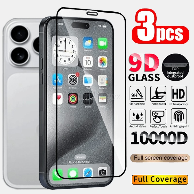 3 Stück 9D-Displayschutz aus gehärtetem Glas, kompatibel mit iPhone 16 17 Profi Max 16E Luft 15 14 Plus 13 12 11 Profi XR XS Max Glas