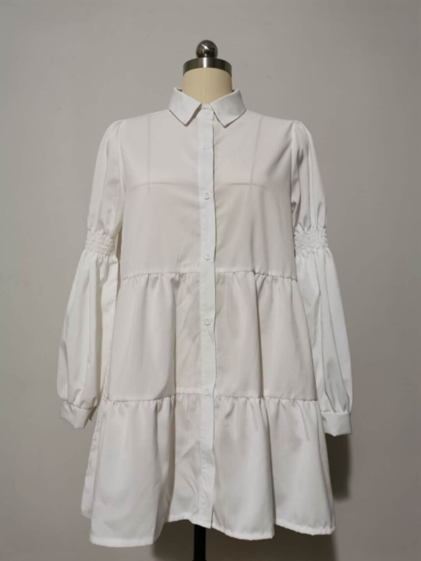 Vestido corto informal de manga larga para otoño, minivestido blanco con volantes para mujer, botones, cuello vuelto