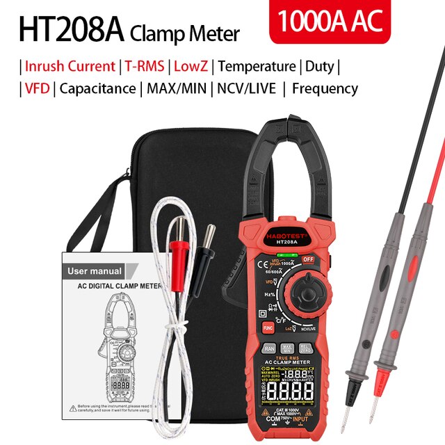 Clamp Multimeter DC Curent Clamp Meter Digital True RMS Capacitance AC DC Ohm Hz C/F Pinza Amperimetrica Tester: HT208A 1000A Auto