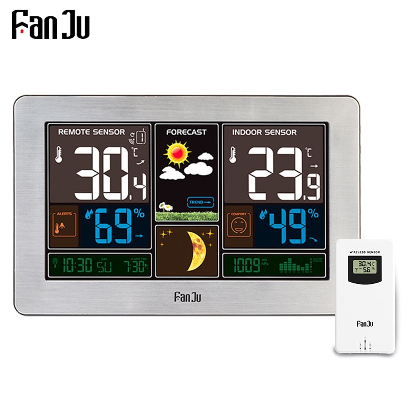 FanJu FJ3378 Weather Station Wall Barometer Forecast Temperature Humidity Wireless Sensor Indoor Outdoor Hygrometer USB Charger