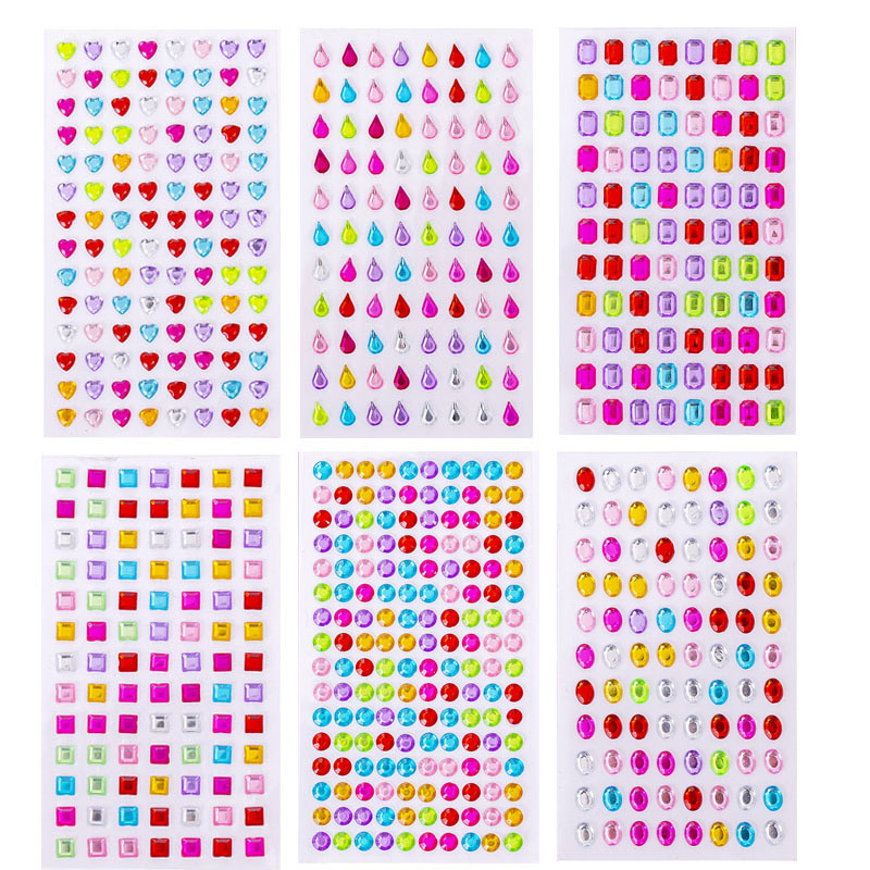 1-6Sheets 3D Gem Acrylic Crystal Stickers Kids DIY Decoration Self Adhesive Jewel Crafts Sparkly Rhinestone Stickers Girls
