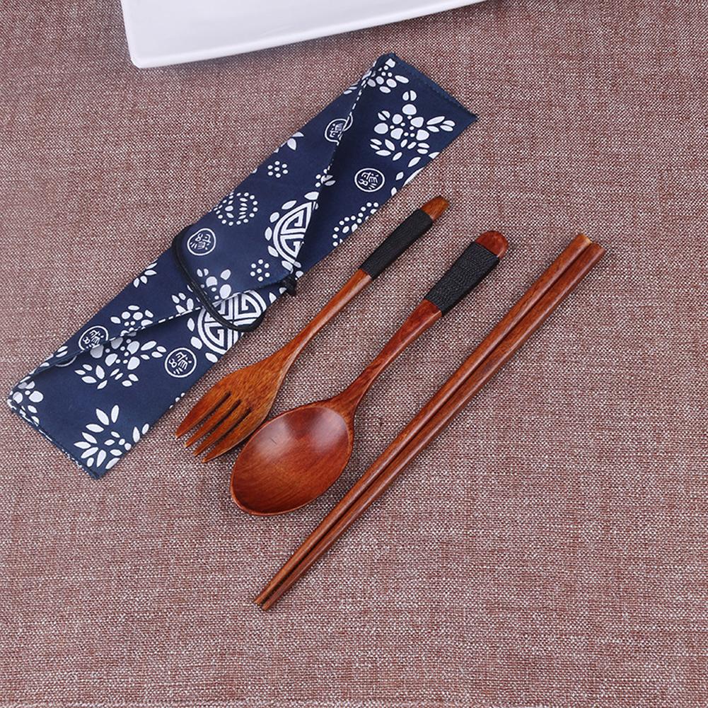 Japanese Style Portable Natural Wooden Eco-Friendly Flatware Set With Binding Wire Fork Spoon Chopsticks