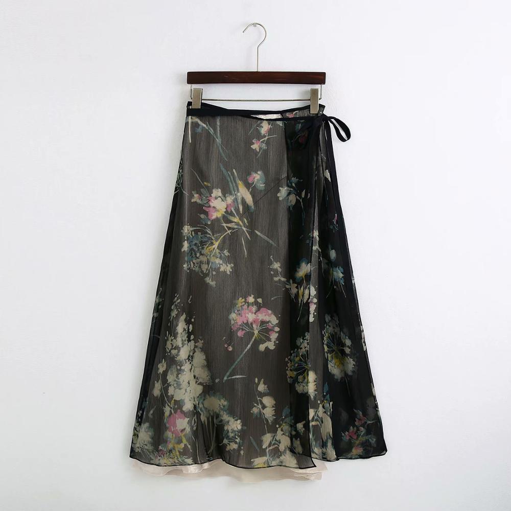 Saia feminina estampada vintage, saia de flores com estampa de flores, dupla camada, manga longa, renda, laço, casual, retrô, 2020 qun622: L