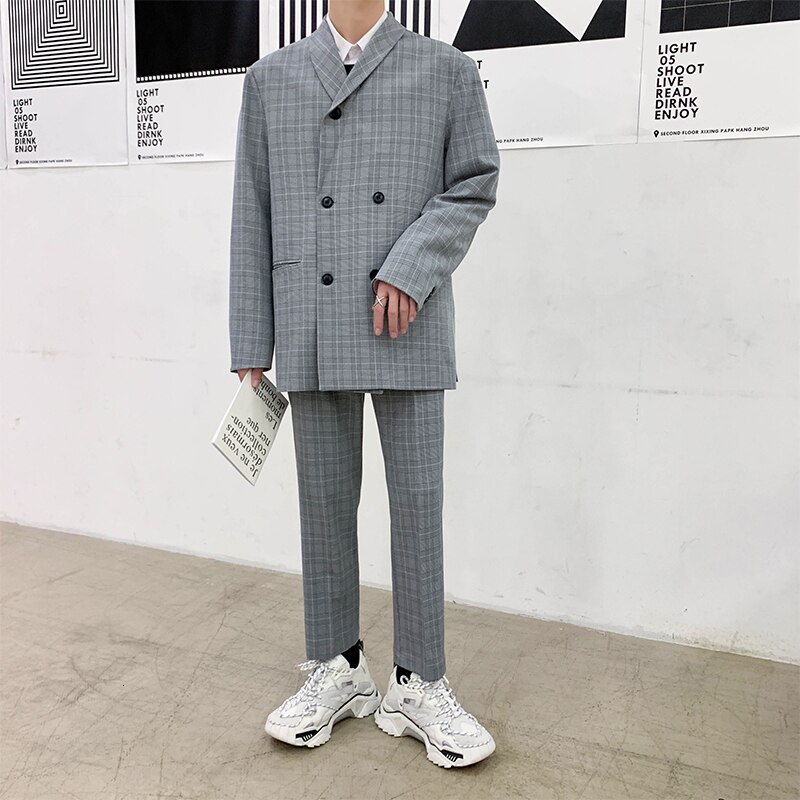 Herfst Pak Broek mannen Mode Business Casual Plaid Broek Man Streetwear Wilde Losse Rechte Jurk Broek Mannen M-XL