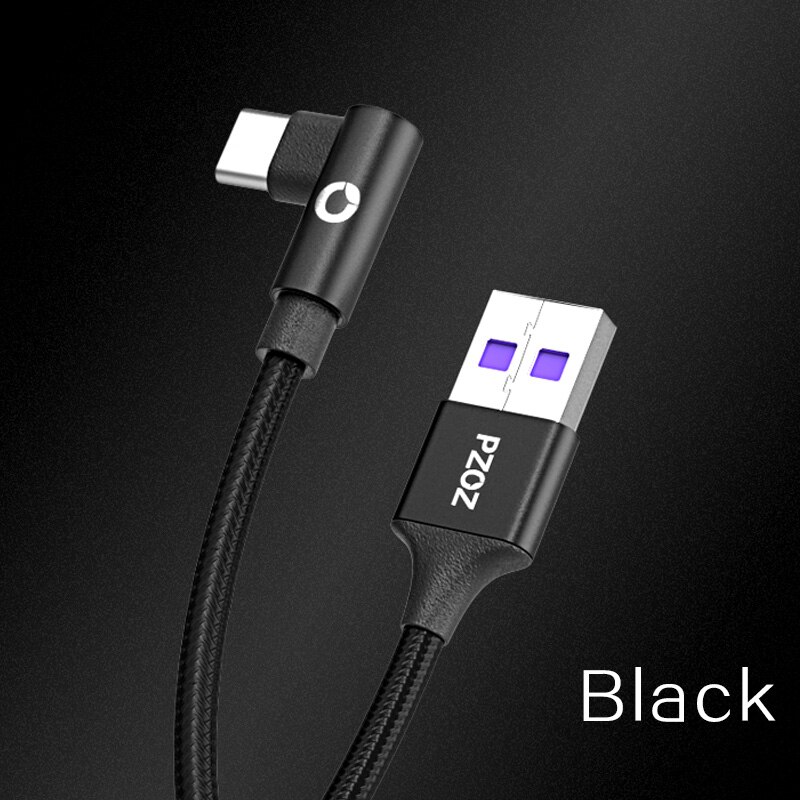 PZOZ 5A usb c kabel usb typ C 90 stopni szybkie ładowanie dla Huawei P20 P10 kumpel 20 zawodowiec 10 Nova 2s ładowarka usb-c Duńczyk rodzaj-c przewód: czarny / 1 m