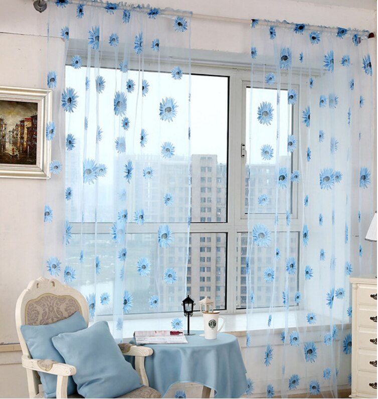1PC Tulle Sunflower Pattern Curtain Family Decoration Tulle Kitchen Balcony Room Flowers Window Blind blinds Party Decoration: 1X2m blue
