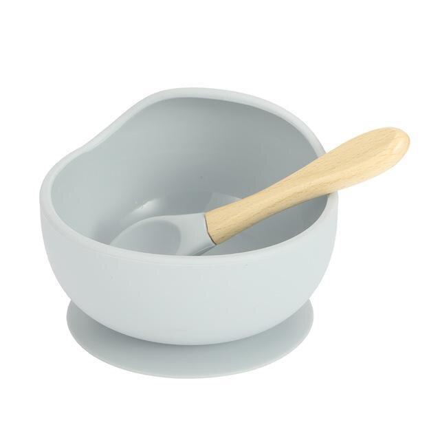 Baby siliconen voedingsset houten lepel zuigkom babybord kinderen peuterhulp servies bpa-vrij siliconen babyverzorging: Grijs