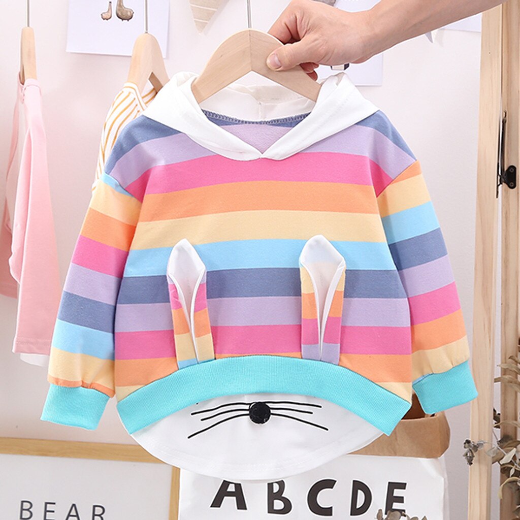 Toddler Kids Girls Striped Rainbow Top Cartoon Fashionable Hooded Sweatshirt Coat Tops Colorful Children Clothes