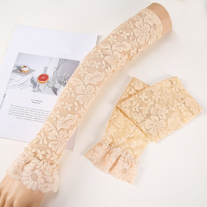 Protector solar de encaje para mujer, manoplas de manga de brazo, cubierta de brazo de clásica, protección UV, puños de brazo de hielo, guantes de conducción sin dedos: nude