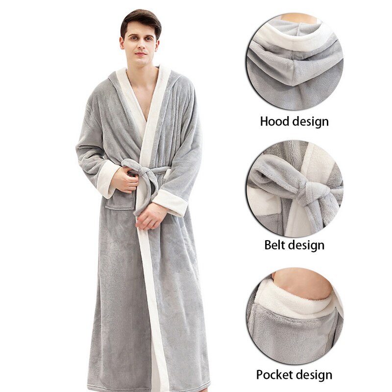 Männer Plus Größe extra Lange Warme Flanell Pelz Bademantel Herren Winter Nachtwäsche Männliche Mit Kapuze Schlecht Kleid Frauen Korallen Dressing Kleid