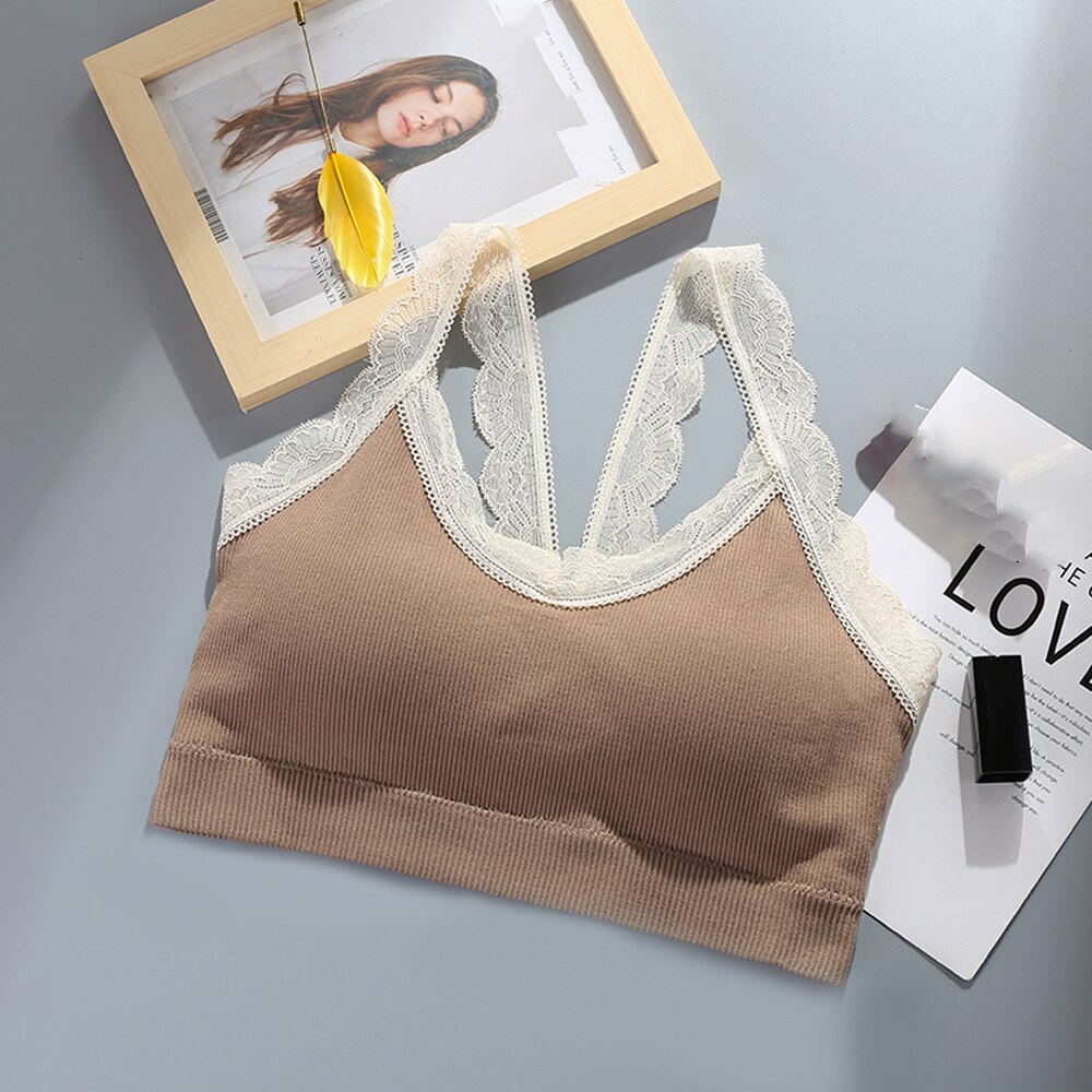 Tops Women 2022 Sexy Crop Top Feamle Push Up Bra Seamless Sports Lingeire Lace Bras Solid Wireless Bralette Tube Camis Top Tank: Khaki