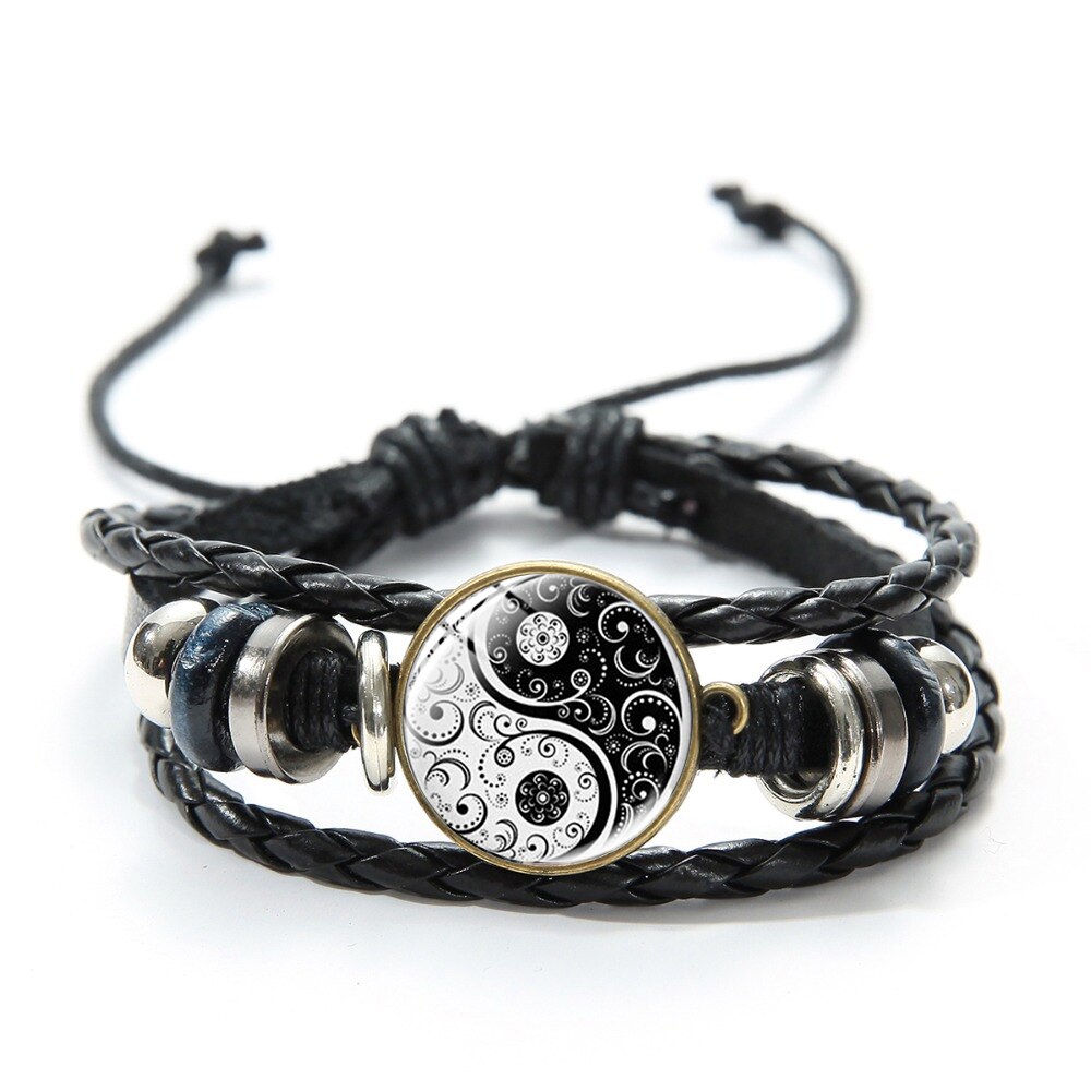 Steampunk Gear Yin Yang plecione skórzane bransoletki dla kobiet mężczyzn Tai Chi drzewo życia artystyczny wzór szklaną kopułą Charm bransoletka