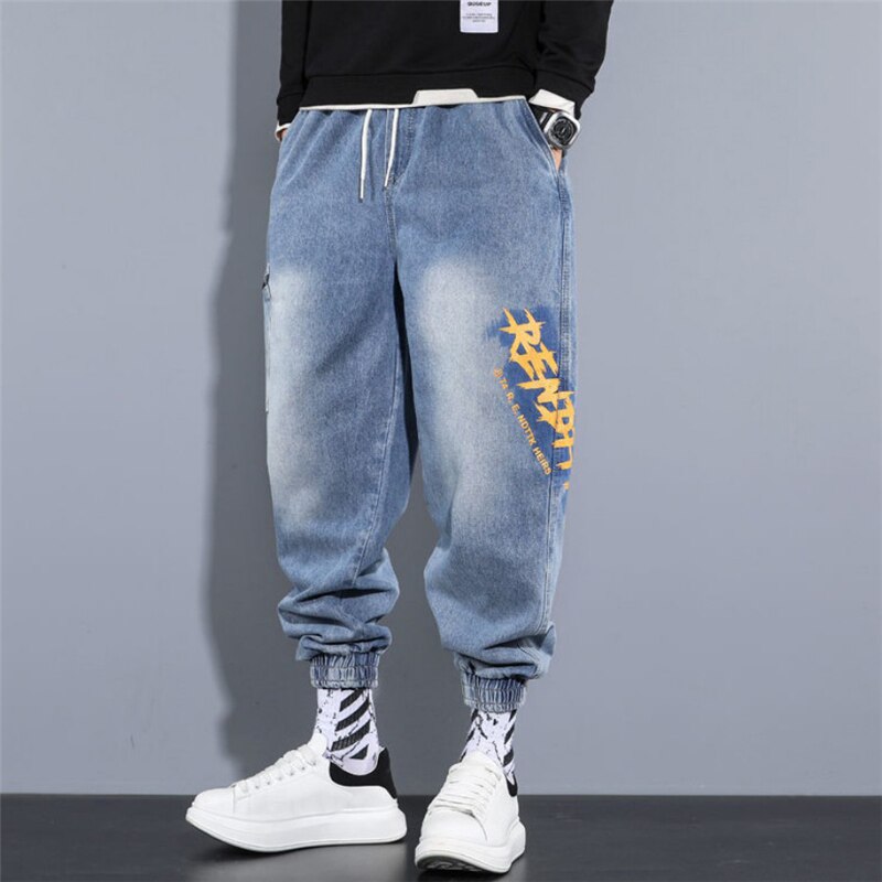 Spring Harem Pants Men Loose Straight Jeans Elastic Waist Baggy Trouser Hip Hop Style Trendy Jeans Plus Size