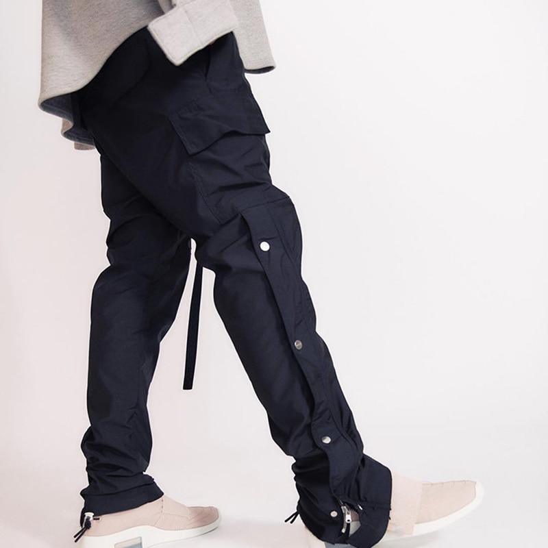 Sorte nylon snap cargo bukser herre urban streetwear punk hip hop sweatpants herre stropper knapper velcro rem lukning bukser