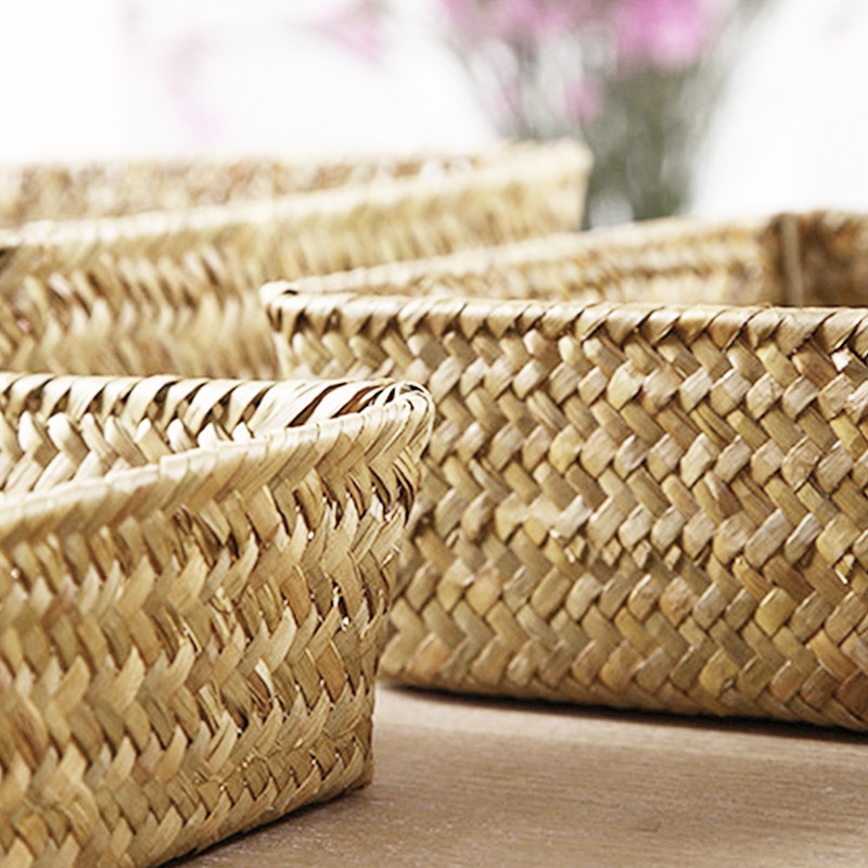 Panier rectangulaire en jonc de mer avec cadre en fer, boîte de rangement de linge en osier tissé, organisateur de vêtements divers, décoration de maison