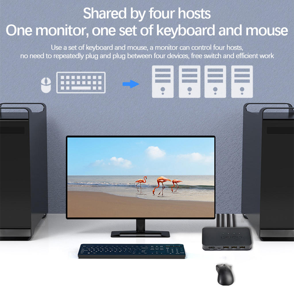 KVM Switch 4 Port Box Switcher for 4 PC Sharing One HD Monitor and 3 USB Devices Keyboard Mouse Printer
