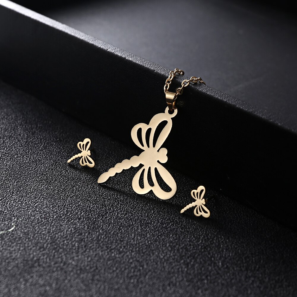 Rinhoo animal horse dragonfly Elephant Pendant necklace Earrings set Women Gold color Stainless Steel jewelry Set