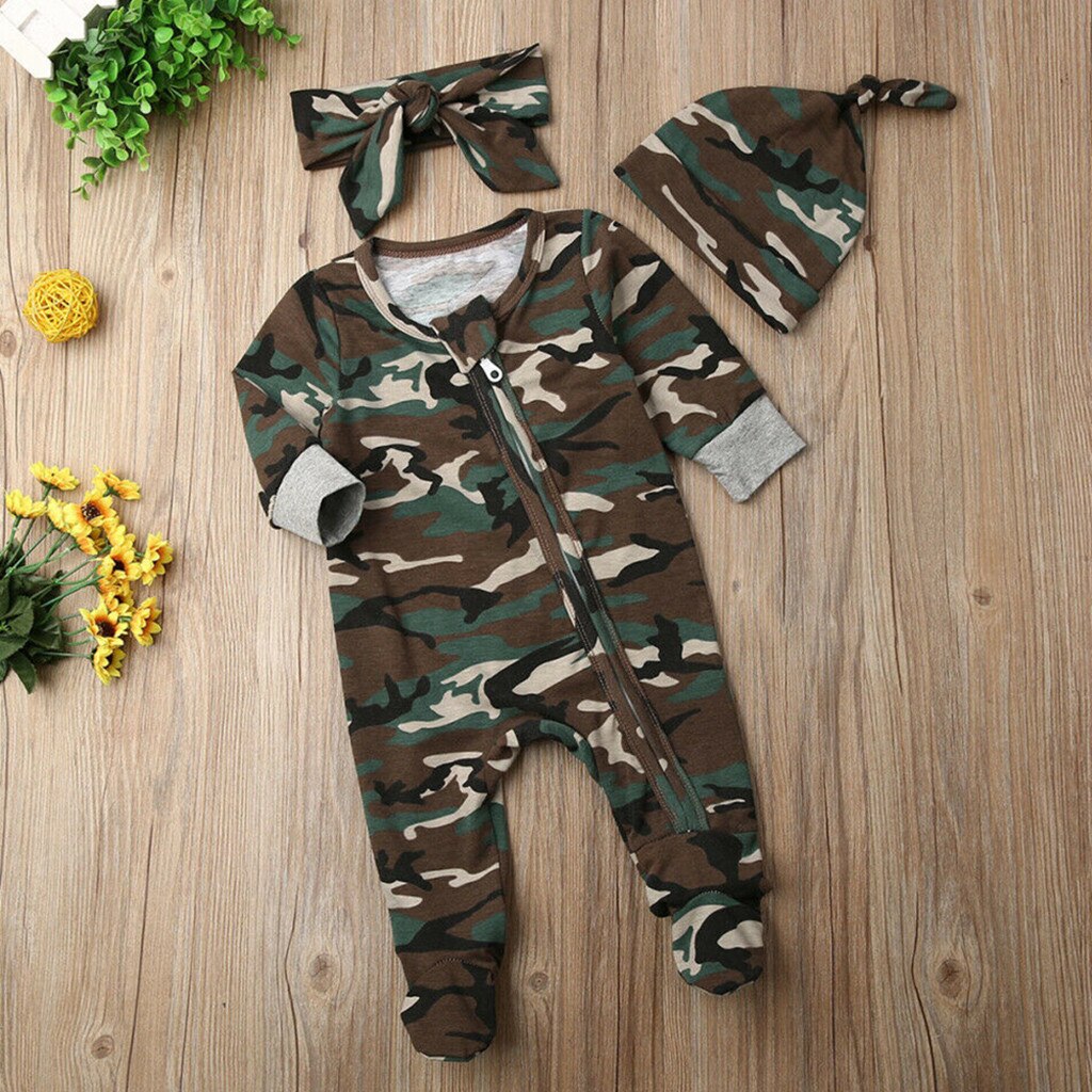 Pasgeboren Baby Meisjes Jongens Camouflage Romper Baby Leuke Rits Casual Jumpsuit Haarband Hoed Set Peuter Lange Mouwen Katoenen Kleding