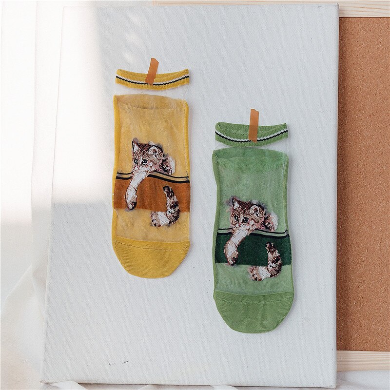 Damessokken lente cartoon katten koreaanse stijl trendy dunne zomer casual enkelsokken bedrukte vrouwelijke grappige sokken