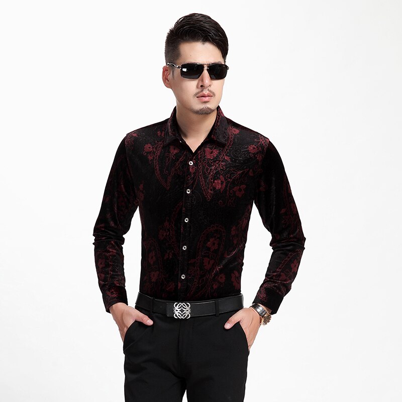 Zijden overhemden gouden fluwelen herenoverhemden lente herfst zijden fluwelen herenoverhemden met bloemen slim fit zeer goed