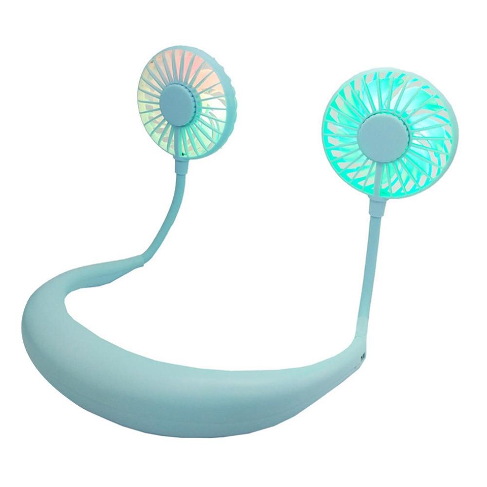 Bærbar genopladelig bærbar ventilator hængende hals ventilator klimaanlæg udendørs desktop sød 7 led lys plast sommer: Blå