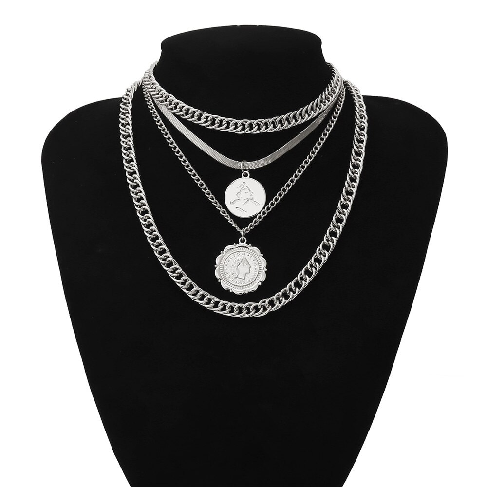 Lote de 2 unidades de COLLAR COLGANTE con retrato Vintage para mujer, gargantilla de cadena gruesa cubana multicapa, collar llamativo joyería para ,: Silver