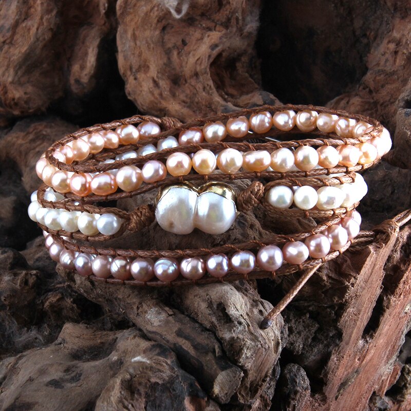Rh Mode Boho Armband Parel Armbander Zoetwater Parel 3 Strengen Geweven Wrap Armbanden: Default Title