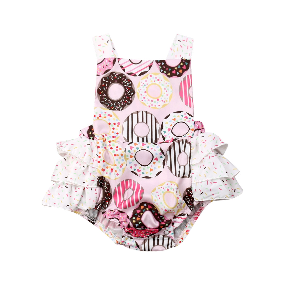 Nieuw Zomer Peuter Baby Meisjes Jongens Bodysuits Ruches Mouwloze Donuts Print Roze Jumpsuits 0-24M