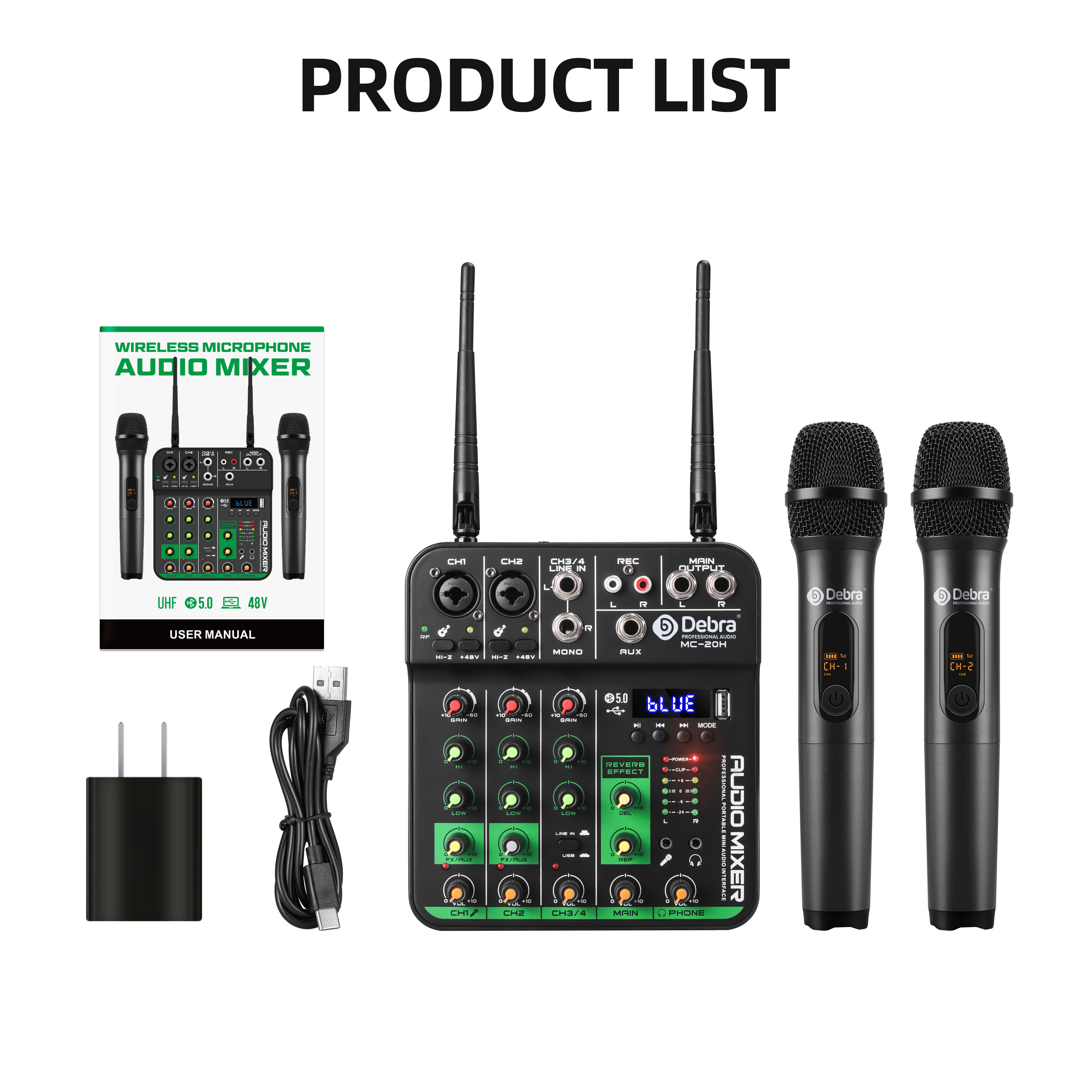Debra UHF Wireless Microphone 4 Channels Audio Mixer Audio Interface Mixing Console Bluetooth Record PC Delay Repaeat Effect: Default Title
