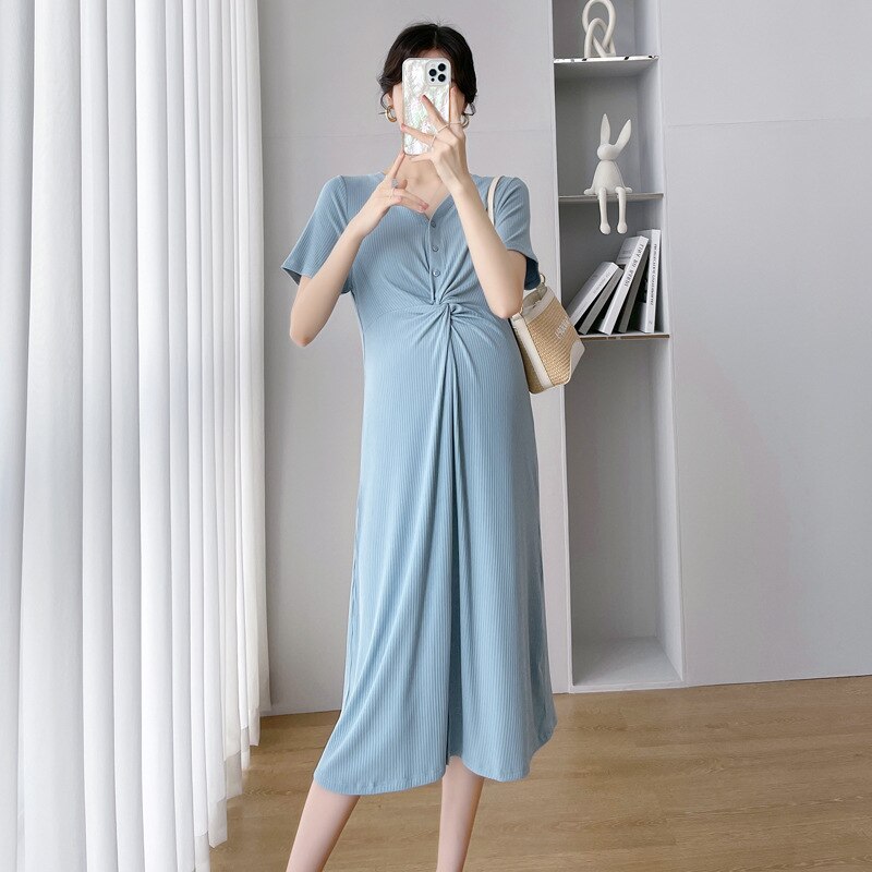 Maternity knitted Blue Short Sleeve Dresses Pregnant Women Clothes Pregnancy Dress Maternity Party Dress